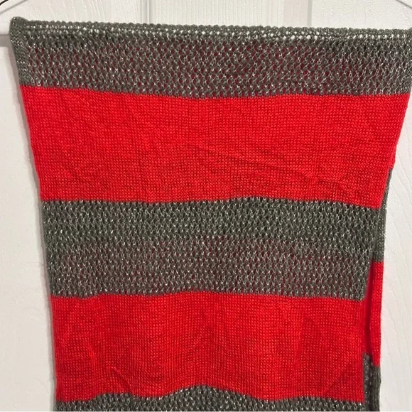 J. Jill Women's Red Gray Silver Sparkles Wide Striped Knit Head Neck Scarf Grey - Picture 3 of 15